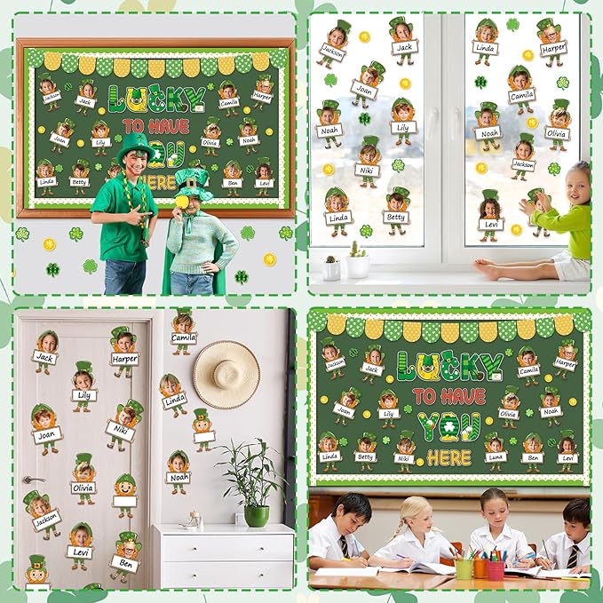 St. Patrick's Day Bulletin Board Set Leprechaun Clover DIY Photo Name Tag Classroom Decoration Green Lucky Shamrock Bulletin Board Cutouts for Irish Holiday Home Classroom School Chalkboard Wall Decor