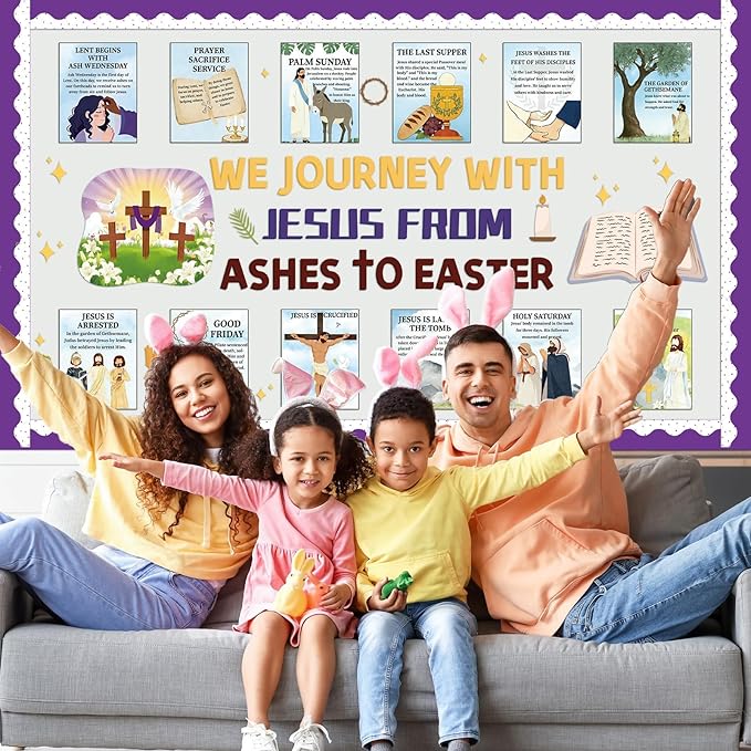 Easter Bulletin Board Decoration Set Jesus Resurrection Journey Posters from Ashes to Easter Classroom Decorations Holy Week Events Paper Cutouts for Kids Christian Chalkboard Wall Door Decor