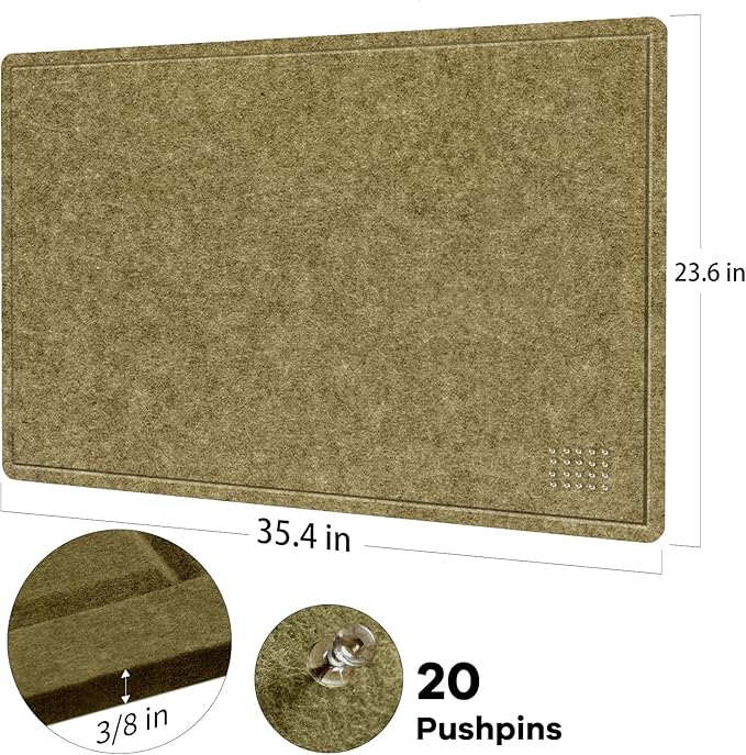 Bulletin Board, 36 x 24 inches Felt Board - Decorative Pin Board, Cork Board Alternative for Wall, 3' x 2' Foldable Picture Board Self-Adhesive Vision Board with 20 Pushpins - Olive