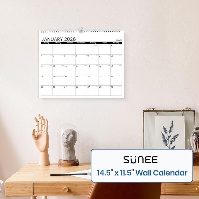 SUNEE Calendar 2026 18 Months Wall Calendar Oct. 2025 - Mar. 2027, 14.5"x11.5" Big Grid Hanging with Thick Paper for Organizing & Planning, Black