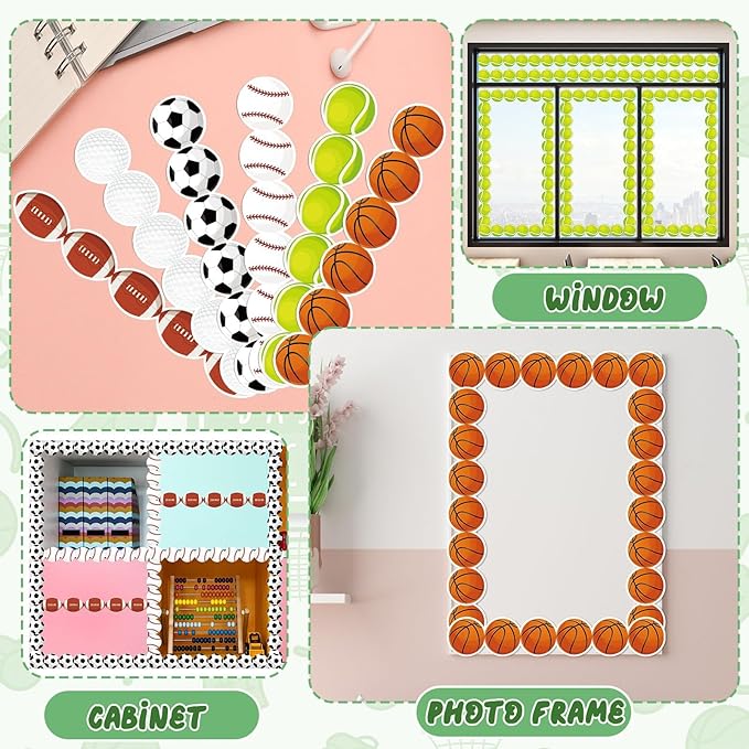 Qyeahkj 85ft Sports Bulletin Board Borders - Football, Baseball, Basketball Cutouts Paper Bulk Balls Trim for School Classroom Office Decor