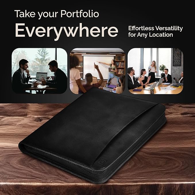 Customized Black Zippered Portfolio Binder - Engraved PU Leather Business Portfolio Organizer - Padfolio for Men & Women with US Letter Notepad, 10.5 Inch Tablet Pocket & Gift Box by Lautus Designs