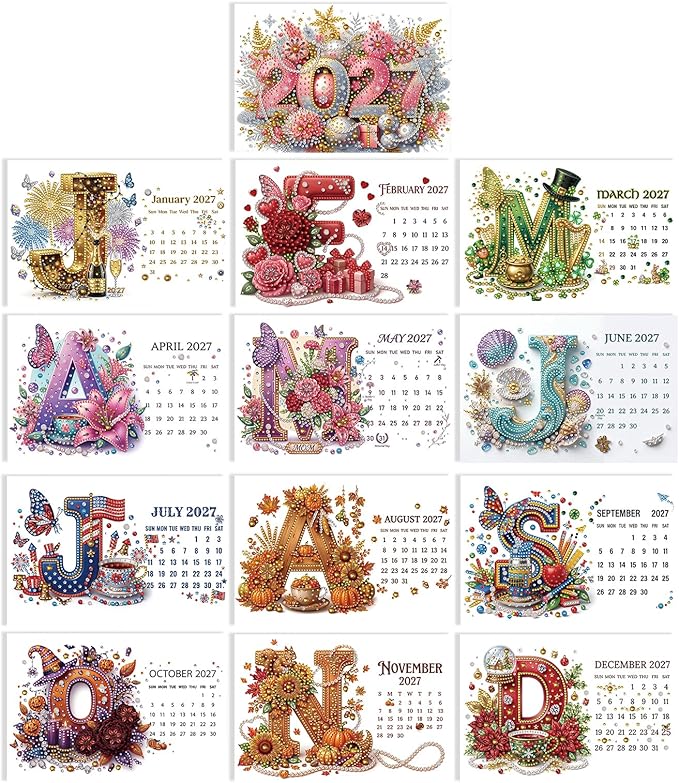 2027 Standing Desk Calendar DIY Diamond Art Painting Monthly Flip Dates Alphabet Theme Tabletop Calendars Diamond Art Craft Supplies Planner Office Home-Letter
