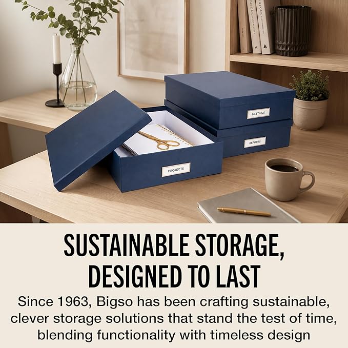 Bigso Box of Sweden Oskar Fiberboard Label Frame Document Letter Box | File Organizer for Important Paperwork | Document Storage with a Lid & Label Window | 3.3"x10.2"x13.8" | 3 Pack | Dark Blue