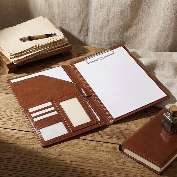 Fuyoooo 6 Pcs Business Portfolio Organizer Professional Leather Portfolio Binder Folder with Clipboard A4 Letter Size Padfolio Legal Notepad Holder for Business School Office Conference (Brown)