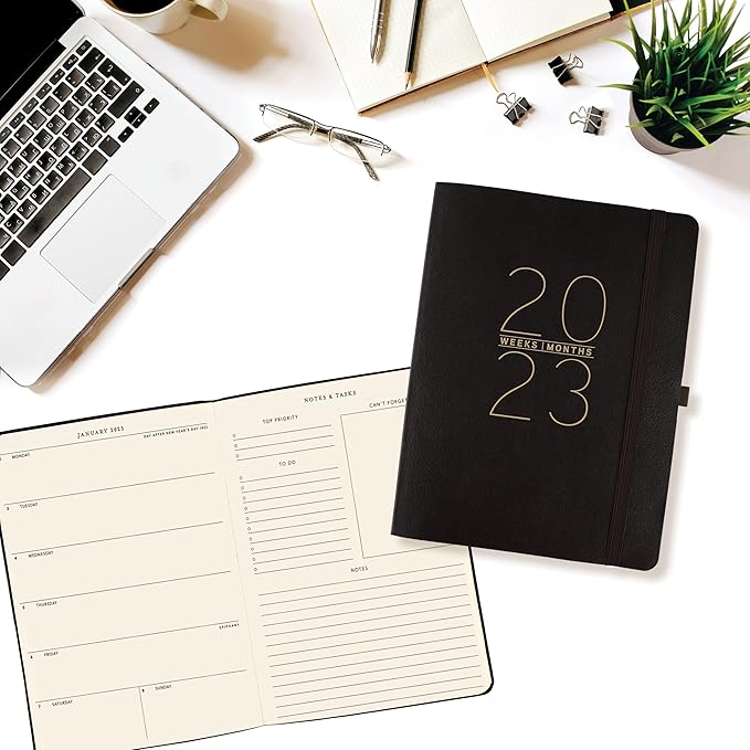 Graphique 2023 Business Planner | 18 Month Organizer, July 2022-Dec. 2023 | Weekly & Monthly Spreads | To-Do List & Note Pages | Pocket & Pen Loop | Vegan Leather | Black | 8 x 10