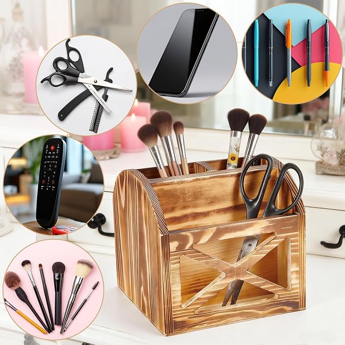 1Pcs Rustic Wood Office Desk Organizer, Vintage Remote Control Holder 6.3x5.94inch Wooden Office Supplies Holder 3 Slot Tabletop Desktop Organizer Box for Living Room(BurlyWood)
