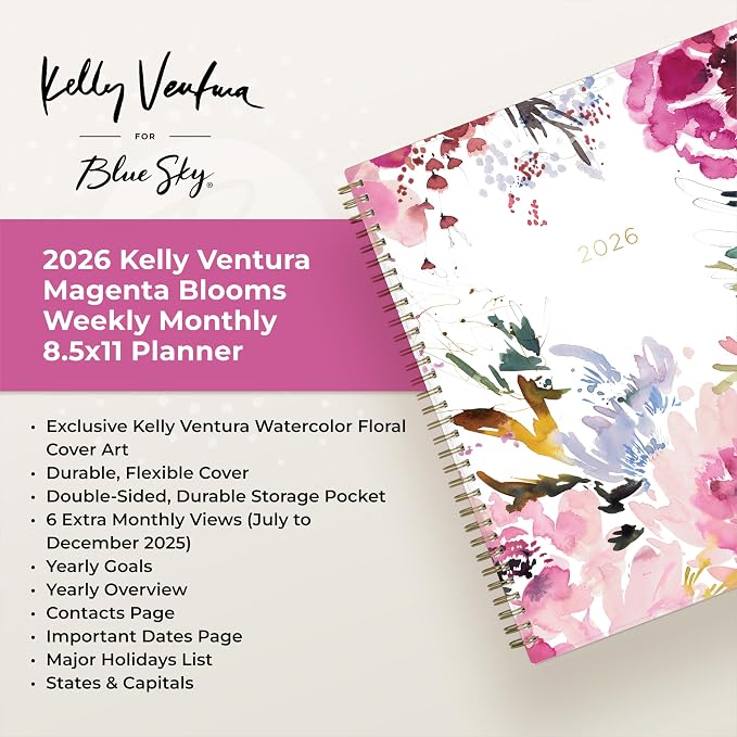 Blue Sky Kelly Ventura 2026 Weekly and Monthly Planner Calendar, January 2026 - December 2026, 8.5" x 11", Flexible Cover, Laminated Tabs, Durable Twin Wire Binding, Storage Pocket, Magenta Blooms