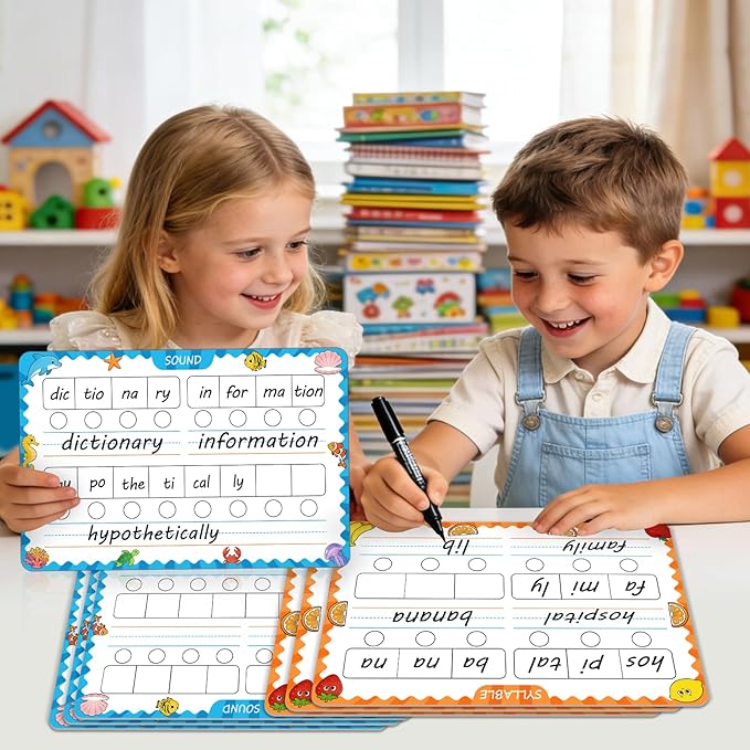 10 Packs of Phonemic Awareness Dry Erase Boards, Double-Sided Writable and Erasable for Phonics Learning, English Syllable and Sound Practice – Homeschool, Teacher and Student Supplies for Classrooms