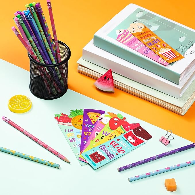 Teling 60 Pcs Inspirational Scented Pencils and Scented Bookmarks Sets Funny Pencils with Eraser Theme Bookmarks Cute Stationery Bulk for Reading Rewards Party Favors(Vivid)