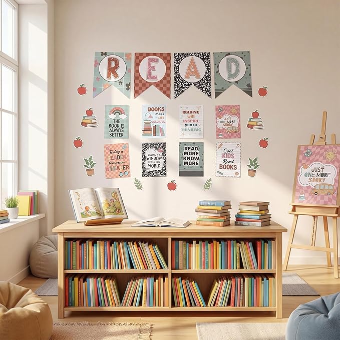 Reading Classroom Decorations Library Posters Bulletin Board Sets for Elementary Classroom Pennants Decor for Back to School Nursery Library Teacher Supplies (Classic Colors)