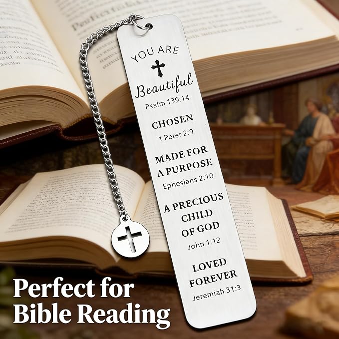 Christian Stainless Steel Bookmark with Cross Pendant – Inspirational Bible Verse Scripture – Perfect Religious Gift for Women, Men, Girls, Baptism, Graduation
