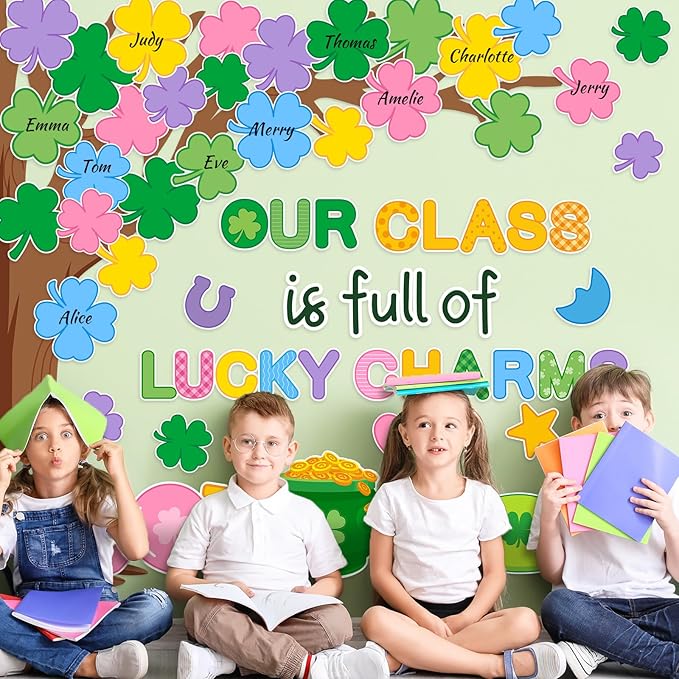 JarThenaAMCS St. Patrick' s Day Bulletin Board Set Lucky Charms Tree Classroom Decorations Shamrock Irish Clover Gold Coin Unicorn Paper Cutouts for School Classroom Chalkboard Wall Decor Supplies