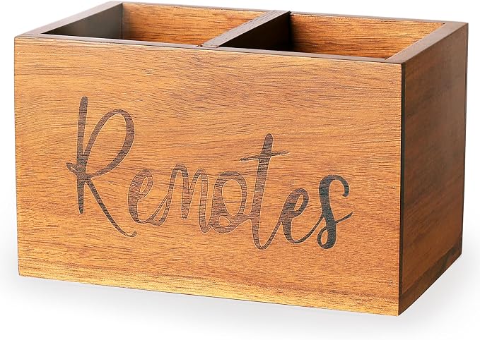 Remote Control Holder, Wooden TV Remote Holder for Table, Remote Organizer Caddy for Home Decor, Remote Box for Nightstand, Brown Labeled "Remote", 2 Slot - 7.3 Inch