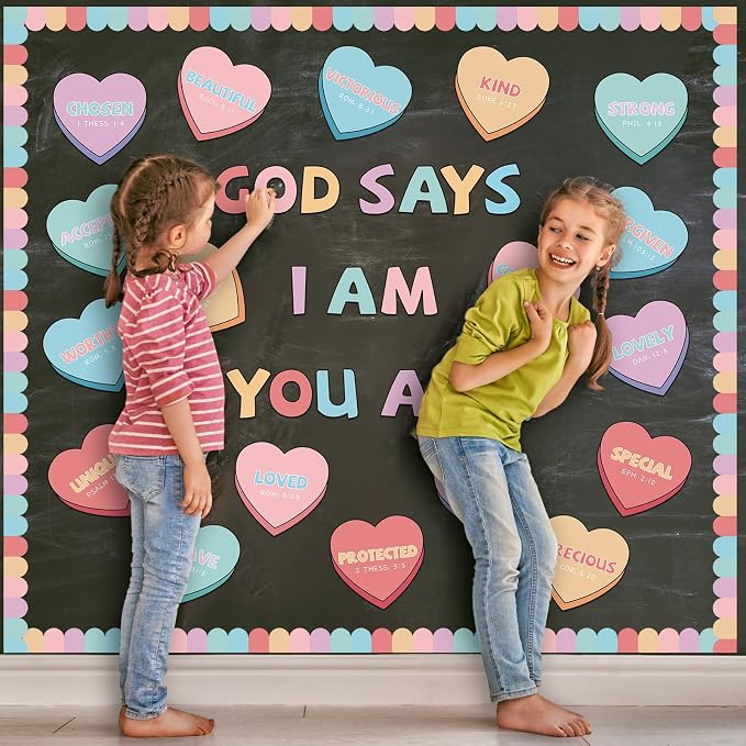 Kosiz 64 Pcs Valentine's Day Christian Hearts Bulletin Board Decoration Religious Candy Heart Cutouts for Church Sunday School Classroom Chalkboard Wall Decor