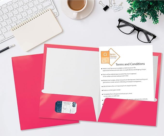 Better Office Products 2 Pocket Glossy Laminated HOT Pink Paper Folders, Letter Size, 25 Pack, Hot Pink Paper Portfolios Box of 25 Hot Pink Folders