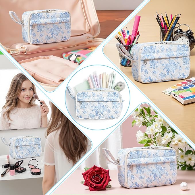 WOBAGMEN Quilted Pencil Pouch for Girls Women, Large Pencil Case Pouch with Compartments Cute Aesthetic Pencil Case Organizer, Floral Pencil Bag for School Supplies (Blue Floral Bow)