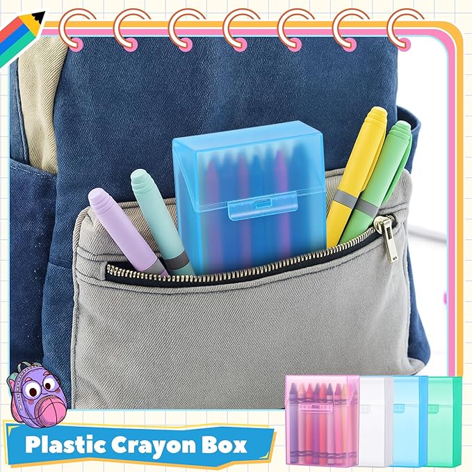 Clabby 24 Pcs Plastic Clear Crayon Box Bulk Holds 24 Crayon With Hinged Lid and Snap Closure for Pens School Office Supply Organization (Pink,Blue,Green,Clear)
