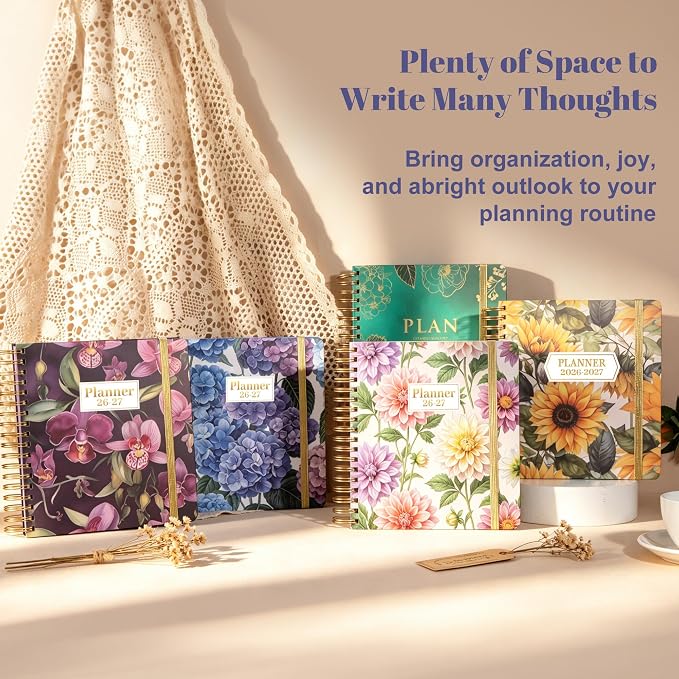 CAGIE 18 Month Planner July 2026 - December 2027, Academic Year Weekly & Monthly Planner with Tabs, 8.3 x 9.3 Floral Hardcover Organizer with 100GSM Thick Paper and Elastic Band for Women School Office