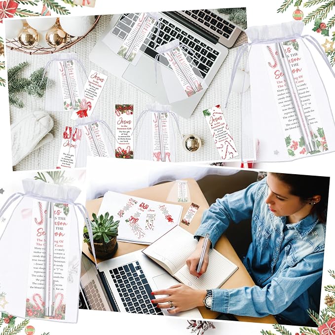 Dispowreath 24 Pcs/12 Sets Jesus is The Reason for The Season Gift, Include 12 Xmas Candy Cane Bookmark 12 Bible Verse Ballpoint Pen for Christmas Church Prizes Party Favors