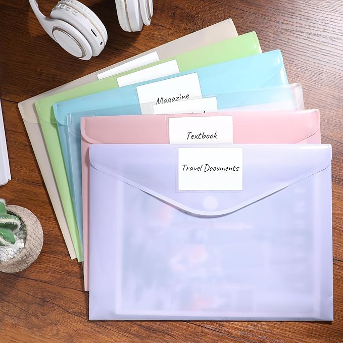 SUNEE 24 Pack Plastic Envelopes, Folders for Document for A4 Letter Size, Poly File Folders with Label Pockets for School Home Office Organizer Work Supplies, 6 Colors
