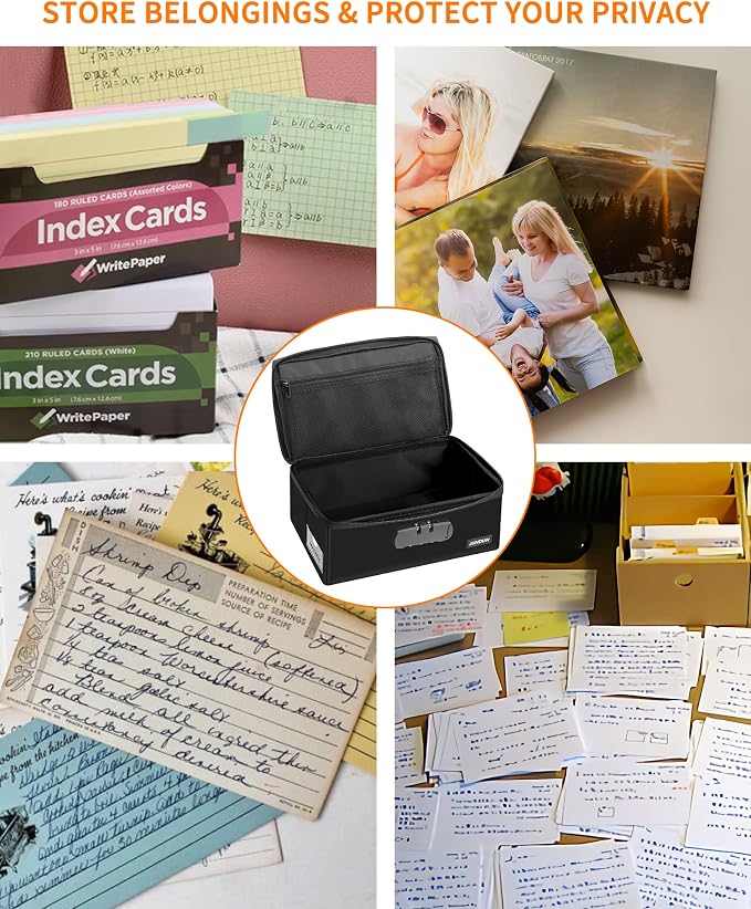 JUNDUN Fireproof Index Card Holder with Lock, Collapsible, Black, 4x6 Inch