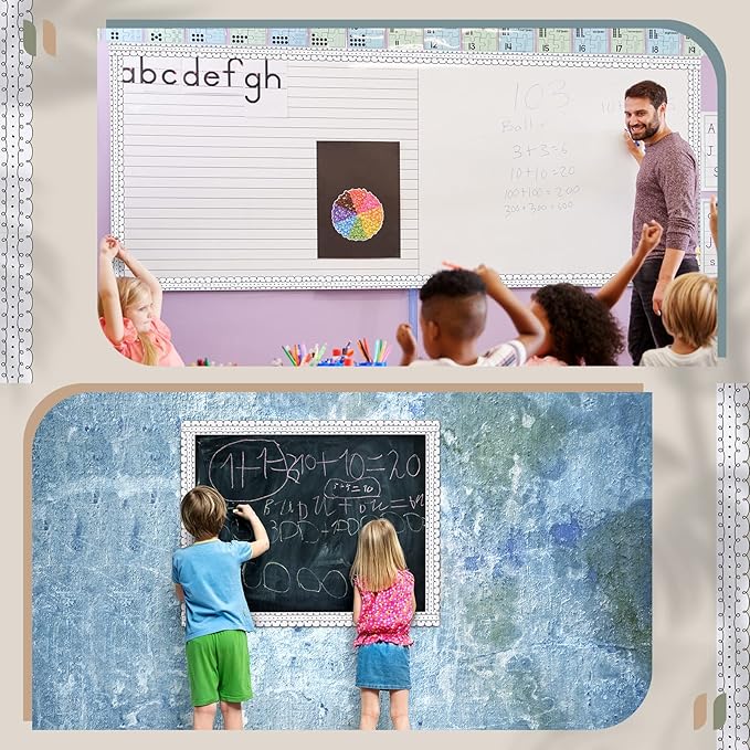 Leinuosen 50.5 ft Bulletin Board Border 44 Pcs Squiggles and Dots Die Cut Border Trims with 20 Sheet Glue Point Dots Bulletin Back to School Decoration for Classroom School Office(White with Black)