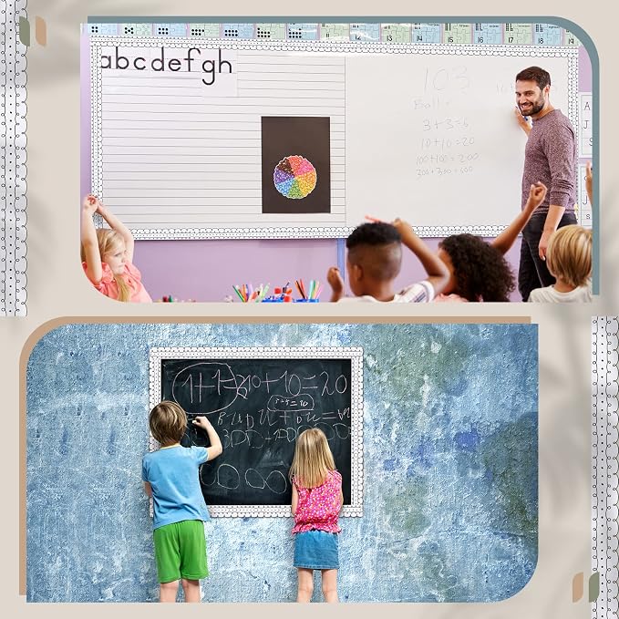 Leinuosen 50.5 ft Bulletin Board Border 44 Pcs Squiggles and Dots Die Cut Border Trims with 20 Sheet Glue Point Dots Bulletin Back to School Decoration for Classroom School Office(White with Black)