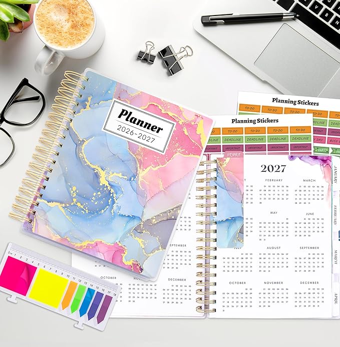 Planner 2026-2027, Large 18 Months Academic Daily Weekly Monthly Planner Yearly Agenda Jan. 2026–June. 2027, 7.9" x 9.8", Page Tabs, Separator Page, Pocket Folder, Bookmark, Stickers, Sticky Note Set