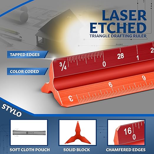 Stylo 12" Aluminum Architect Scale Ruler Laser Etched Triangle Drafting Ruler, Color Coded Grooves for Blueprint, Drafting and Drawing, Architectural Scale Ruler for Blueprints (Red, Imperial Units)