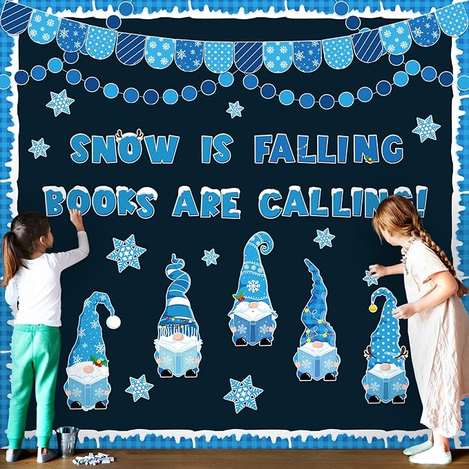 Winter Gnome Bulletin Board Set Snow is Falling Books are Calling Reading Classroom Decorations Blue Banner Snowflakes Paper Cutouts for Office Library Reading Corner Wall Holiday Display