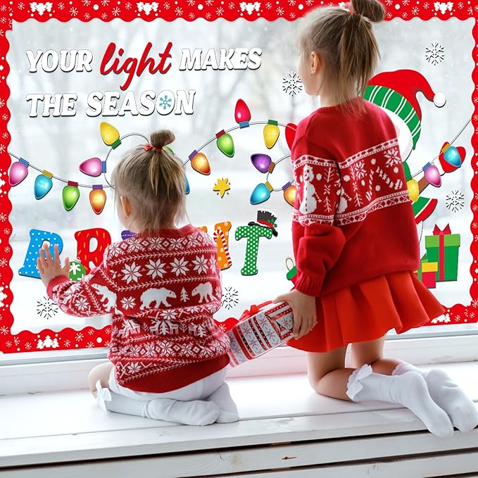 Funrous Christmas Bulletin Board Decoration Set Xmas Tree Classroom Decor Snowman Santa Claus Gnome Snowflake Cutout Winter Border Trim for Xmas Holiday Office Wall Door Supplies (Light Bulb)