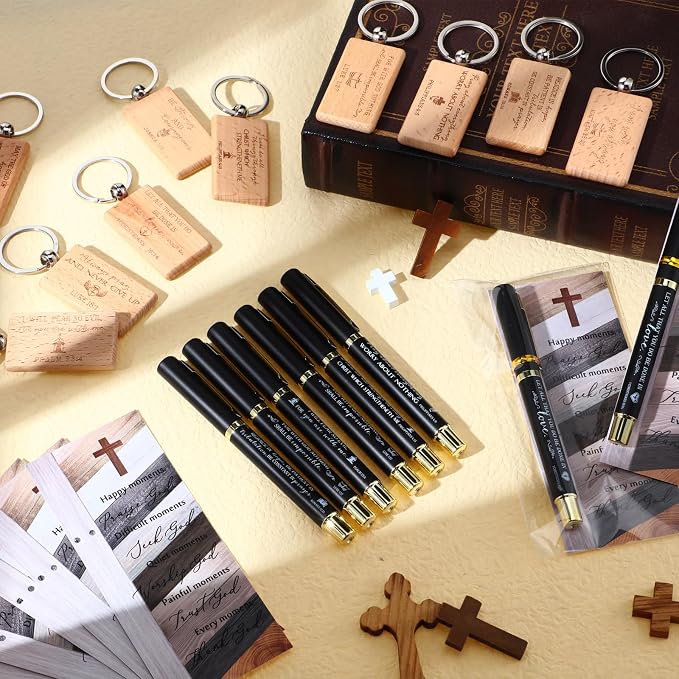 Spakon 10 Sets Father Day Church Gifts Bulk Mens Christian Mini Bible Verse Wooden Keychains Scripture Religious Pens with Cross Prayer Bookmarks Faith Gifts for Women Dad Pastor Sunday School