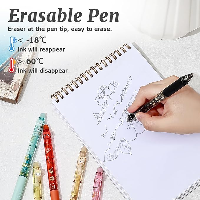 12 Colors Cute Glitter Erasable Pens, 0.5mm Fine Point Colored Retractable Gel Pens, Smooth Writing Ink Pen Marker Make Mistakes Disappear for Coloring Note-Taking Supplies