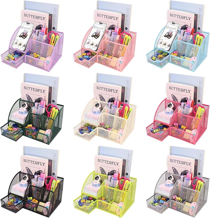 Boutilon Mesh Desk Organizer Desktop Office Supplies Stationary Organizer with 6 Compartments and 1 Drawer Multi-Functional Caddy Pen Holder for Home Office School Desk Decor(Fruit Green)