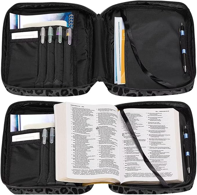 Suobstales Black Dark Green Leopard Print Bible Cover Carrying Book Case Church Bag Bible Protective with Handle, Portable Bible Bags Bible Protective Holder for Women Men