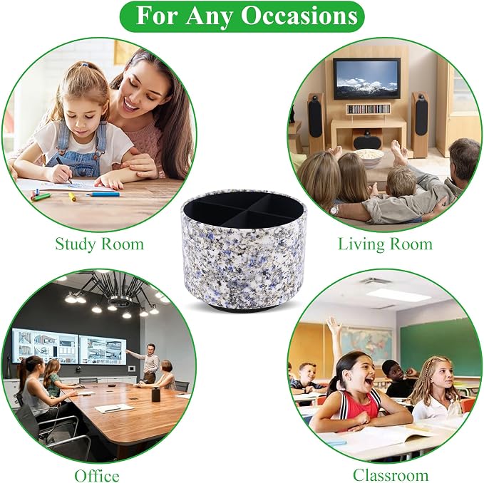 Round Leather Art Supply Organizer,Remote Control Holder,360-degree Rotating Pen Organizer with 4 Compartments(1-Marble Flower)