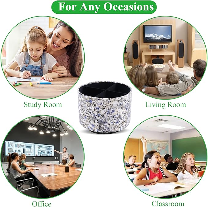 Round Leather Art Supply Organizer,Remote Control Holder,360-degree Rotating Pen Organizer with 4 Compartments(1-Marble Flower)
