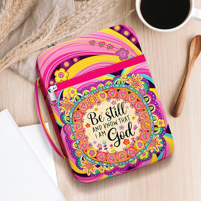 Be Still Bible Cover for Women Girls, Inspirational Bible Case with Handle and Zipper Pocket, Colorful Floral Canvas Bible Bag, Fits Standard Size Bible, Christian Gift for Faith