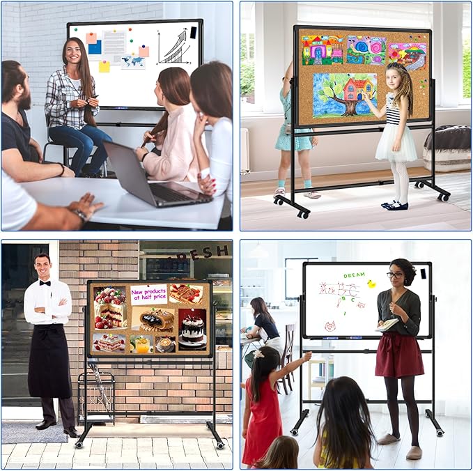 Max-officoo 36"x24" Double-Sided Mobile Whiteboard and Cork Boards with Stand Adjustable Height and Angle Rolling Magnetic Dry Erase Board