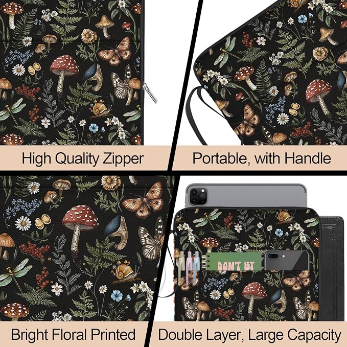 Butterfly Mushroom Book Sleeve Kindle Pouch, Boho Book Protector Case with Zipper, PU Leather Waterproof Book Cover Bag, Portable Book Pouch for Book Lovers Gifts Paperbacks Bibles Hardcover