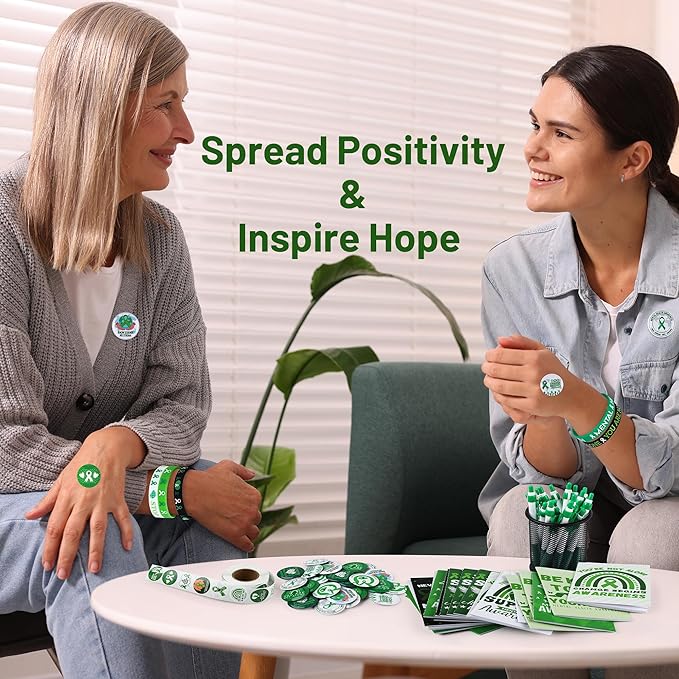 Aodaer 181 Pieces Mental Health Awareness Set Includes Silicone Bracelets, Badge Brooches, Green Ribbon Pens, Keychains, Mini Notebooks, Stickers, Mental Health Awareness Items for Adults Teens Gifts