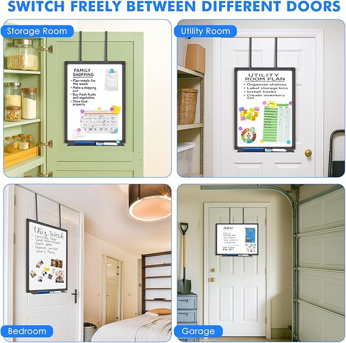 Magnetic Dry Erase Board for Doors, 24x18 Inch Whiteboard with Adjustable Long Arm Hook Mount - Easy to Install, Portable Hanging White Board for Home, Dorm Room, Office Cubicle & Small Spaces(Black)