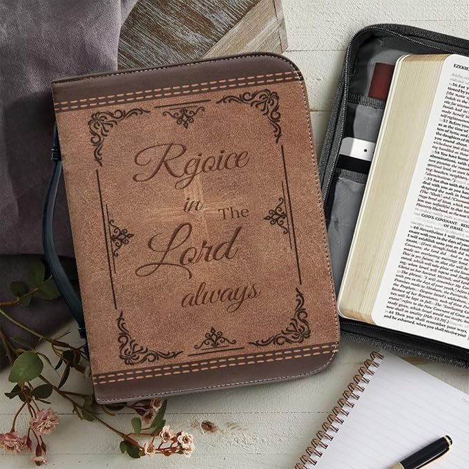 Retro Style Daisy and Cross Bible Case with Bookmark Waterproof Bible Cover Case for Women Lightweight Bible Bag with Handle Pockets Church Book Bag Brown