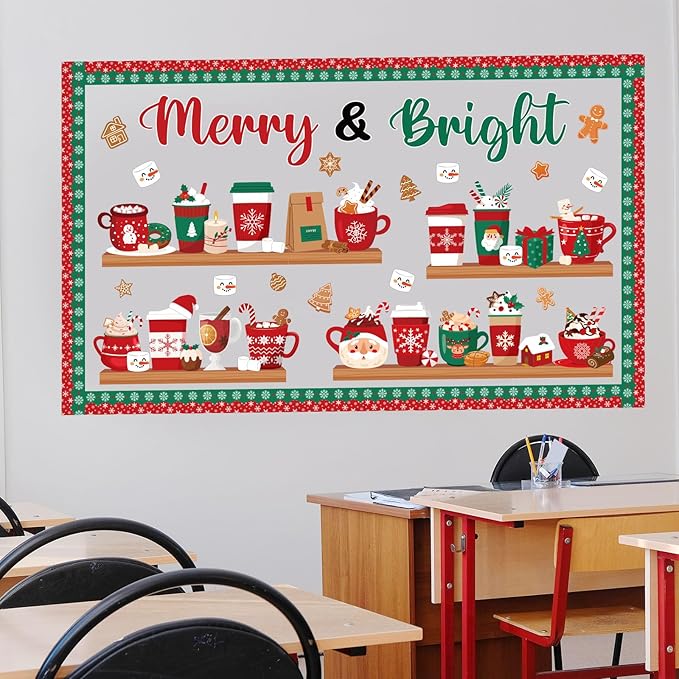 Christmas Bulletin Board Set Merry & Bright Coffee Cup Classroom Decorations Christmas Latte Santa Snowmen Bookshelf Paper Cutouts for Door Wall Decor Xmas Winter Holiday Party Supplies