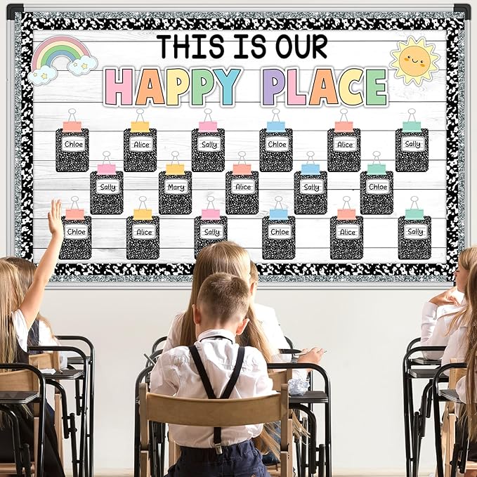 Composition Bulletin Board Decorations Set Welcome Back to School Classroom Decoration This is Our Happy Place Bulletin Board Rainbow Paper Cutouts for School Classroom Chalkboard Wall Decor Supplies