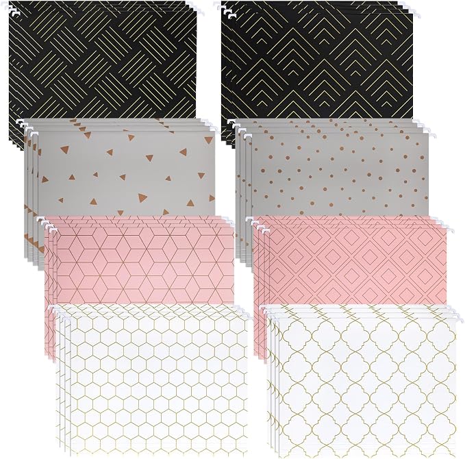 Estune 32 Pcs Decorative Hanging File Folders Letter Size Cabinet File Folders Organizers with 1/5 Cut Adjustable Tabs for Office Desk School Filing Cabinet Home(Geometric)