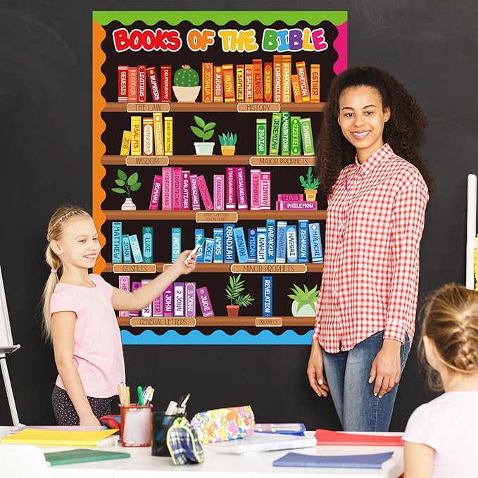 FYSUIMU Bible Learning Bookshelf Bulletin Board Decorations Christian Classroom Decor Back to School Bookshelf Cutouts for Sunday School Classroom Chalkboard Wall Decor