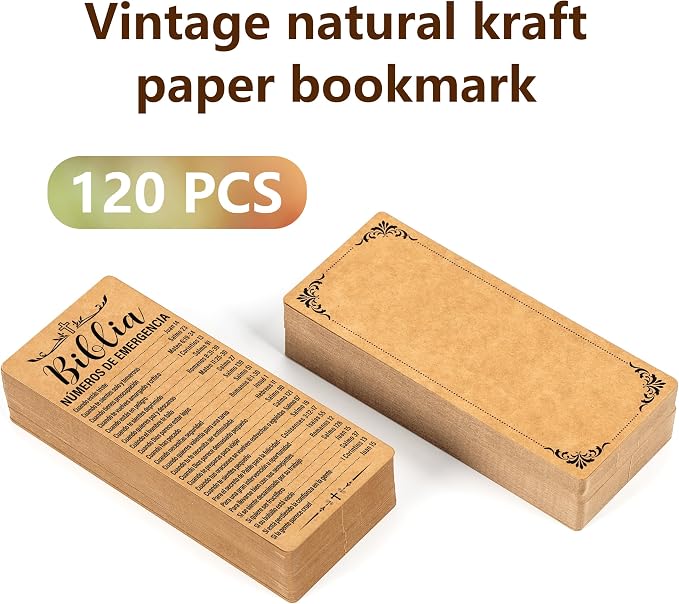 120 Pcs Kraft Paper Spanish Bible Emergency Numbers Bookmark Christian Bookmarks Bible Verse Bookmarks for Church Welcome Gifts Sunday School Prayer Reading Rewards 2.28 x 5.31inch