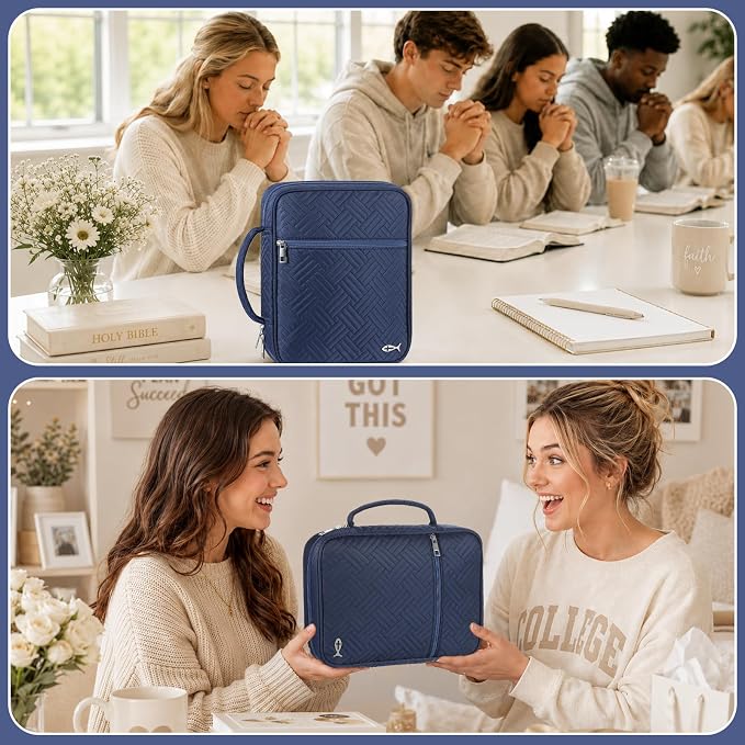 XKDOUS Bible Cover Case for Women, Large Bible Cover with Durable Handle, Washable Quilted Bible Case, Bible Study Supplies & Christian Gifts for Mom, Women, Men (Dark Blue)